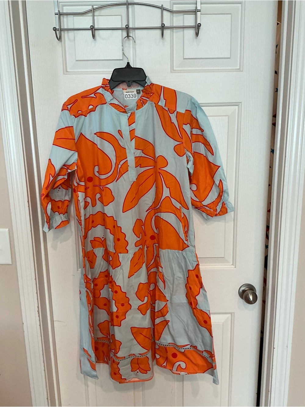 Light Blue & Orange Floral Midi Dress with Notch Neck